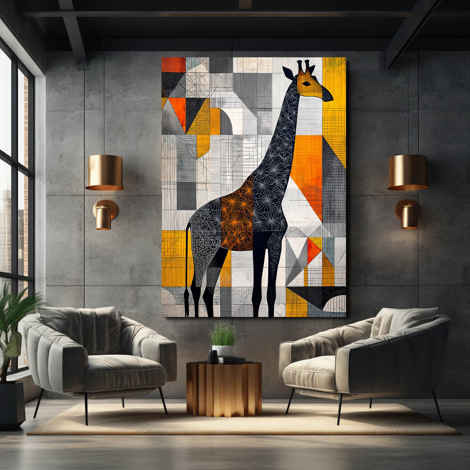 Modern living room with a geometric giraffe painting on the wall.