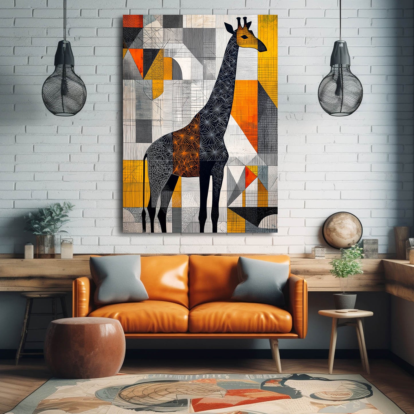 Living room with a large abstract painting of a giraffe on a white brick wall.