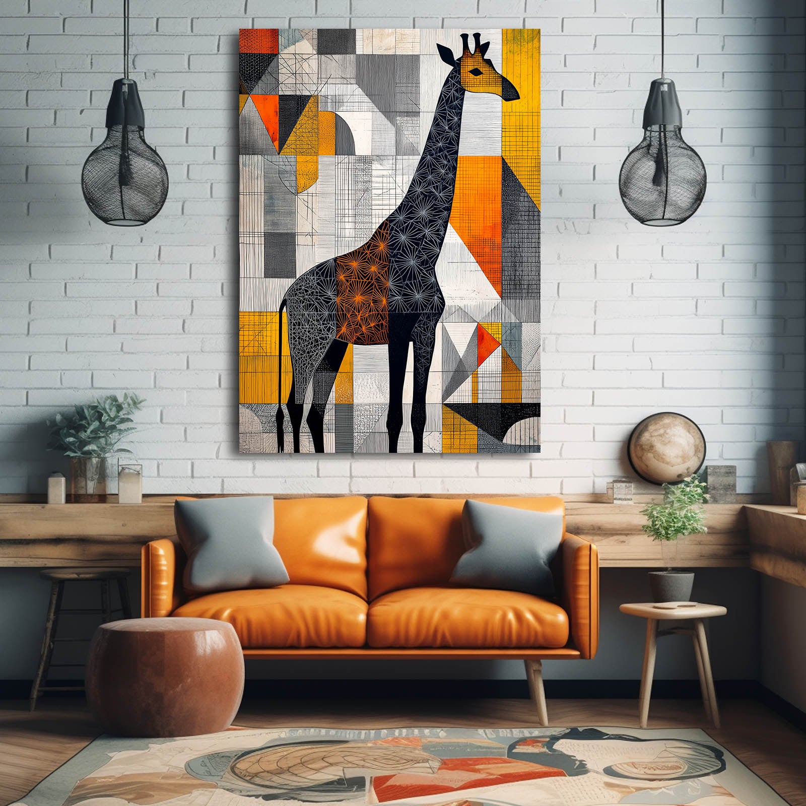 Living room with a large abstract painting of a giraffe on a white brick wall.