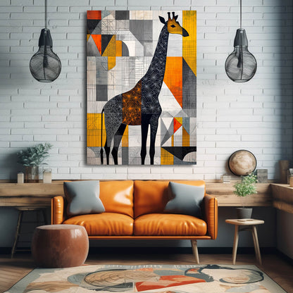 Living room with a large abstract painting of a giraffe on a white brick wall.