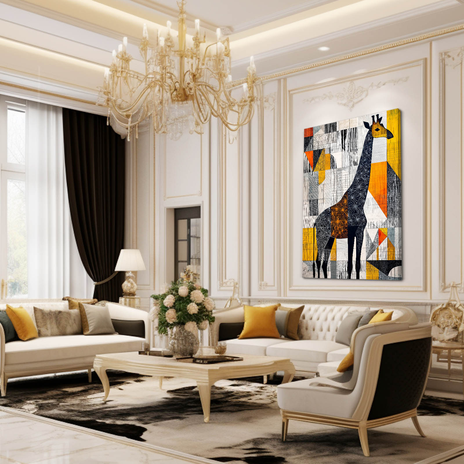 Luxurious living room with a chandelier, sofa, and abstract giraffe painting.