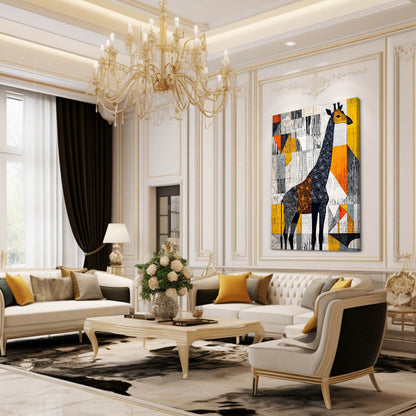 Luxurious living room with a chandelier, sofa, and abstract giraffe painting.