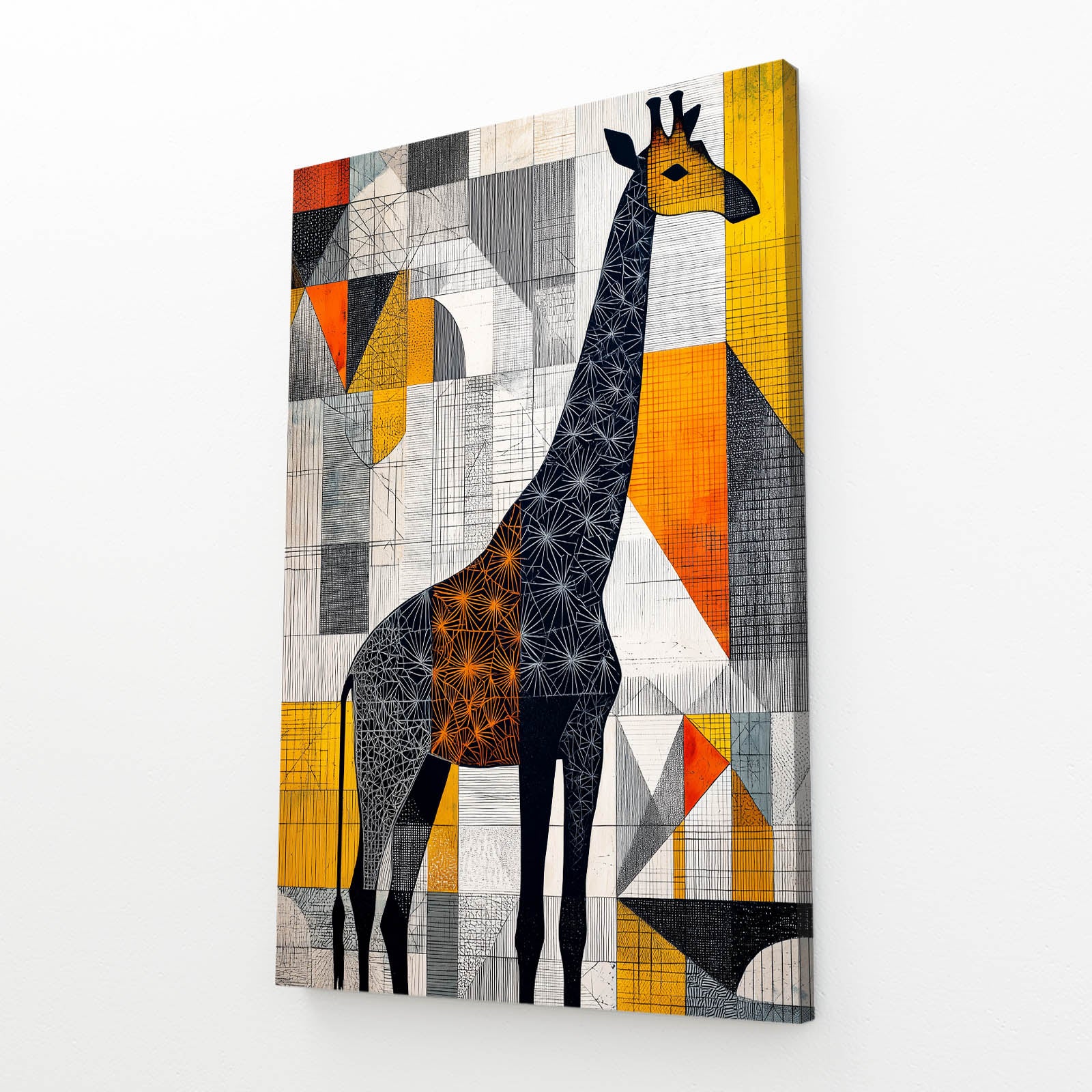 Abstract art print of a giraffe with geometric patterns on a white background