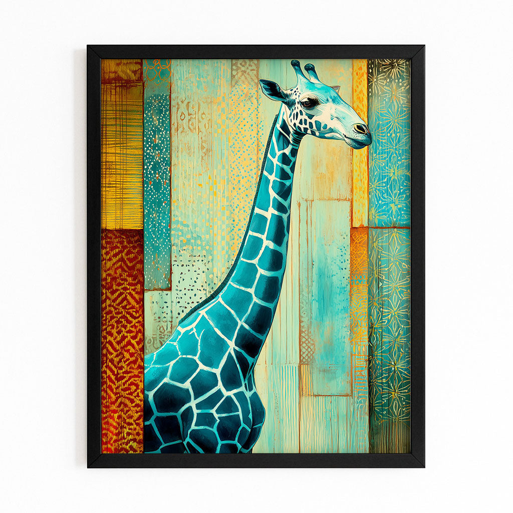 Framed artwork of a giraffe with a colorful abstract background