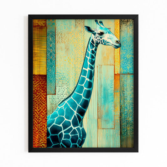 Framed artwork of a giraffe with a colorful abstract background