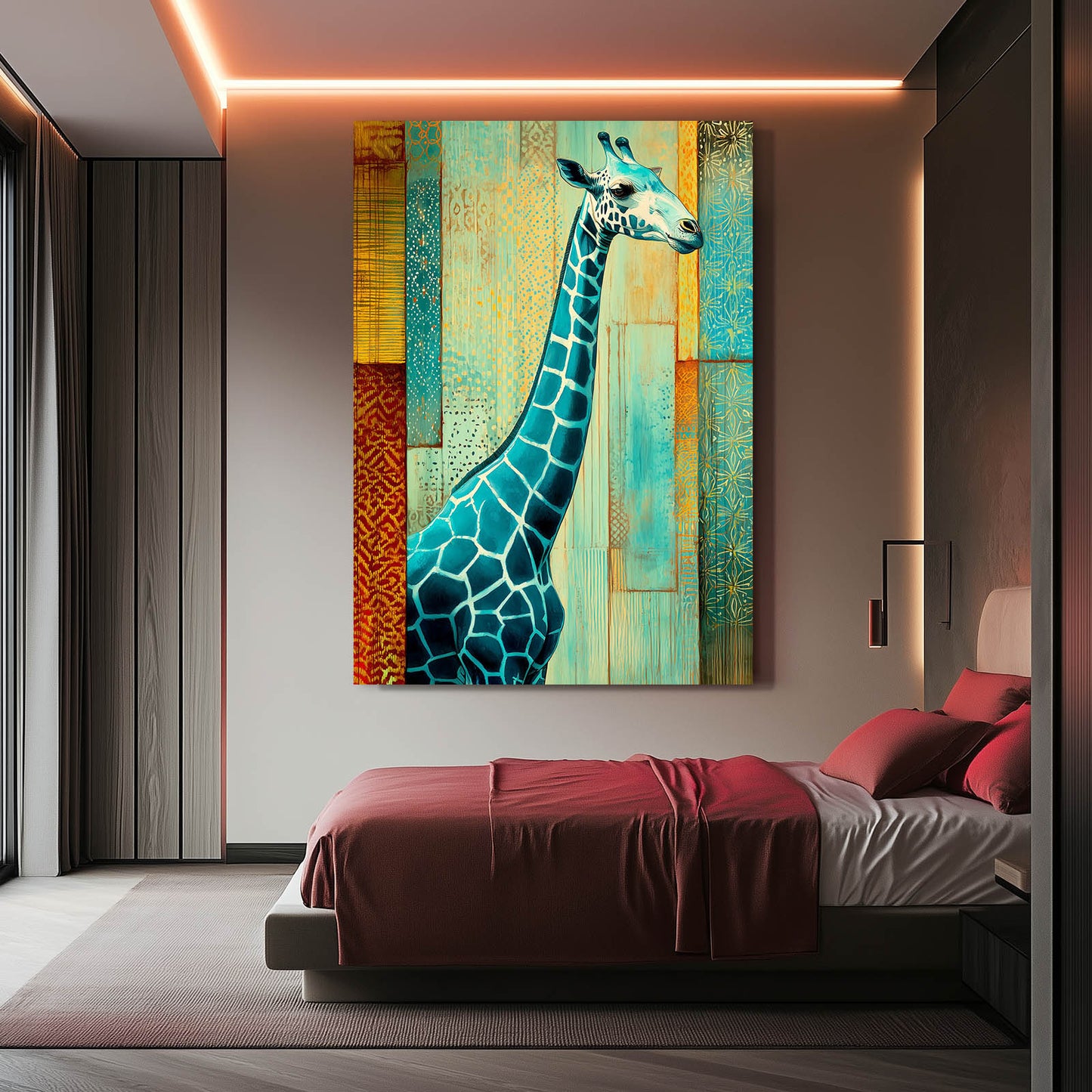 Giraffe painting on a wall above a bed in a modern bedroom.