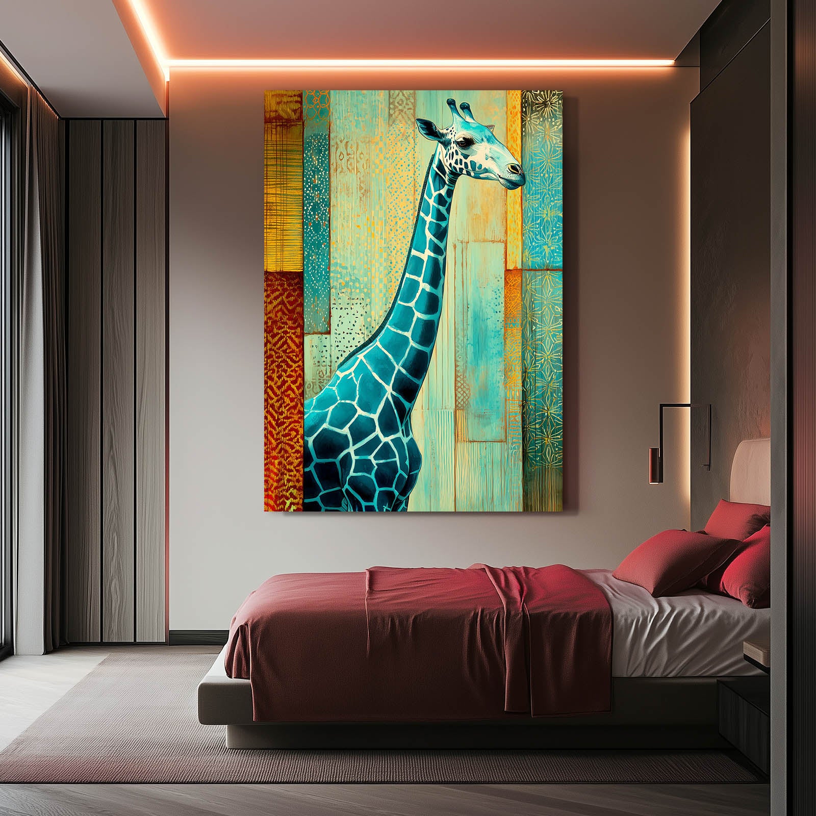 Giraffe painting on a wall above a bed in a modern bedroom.