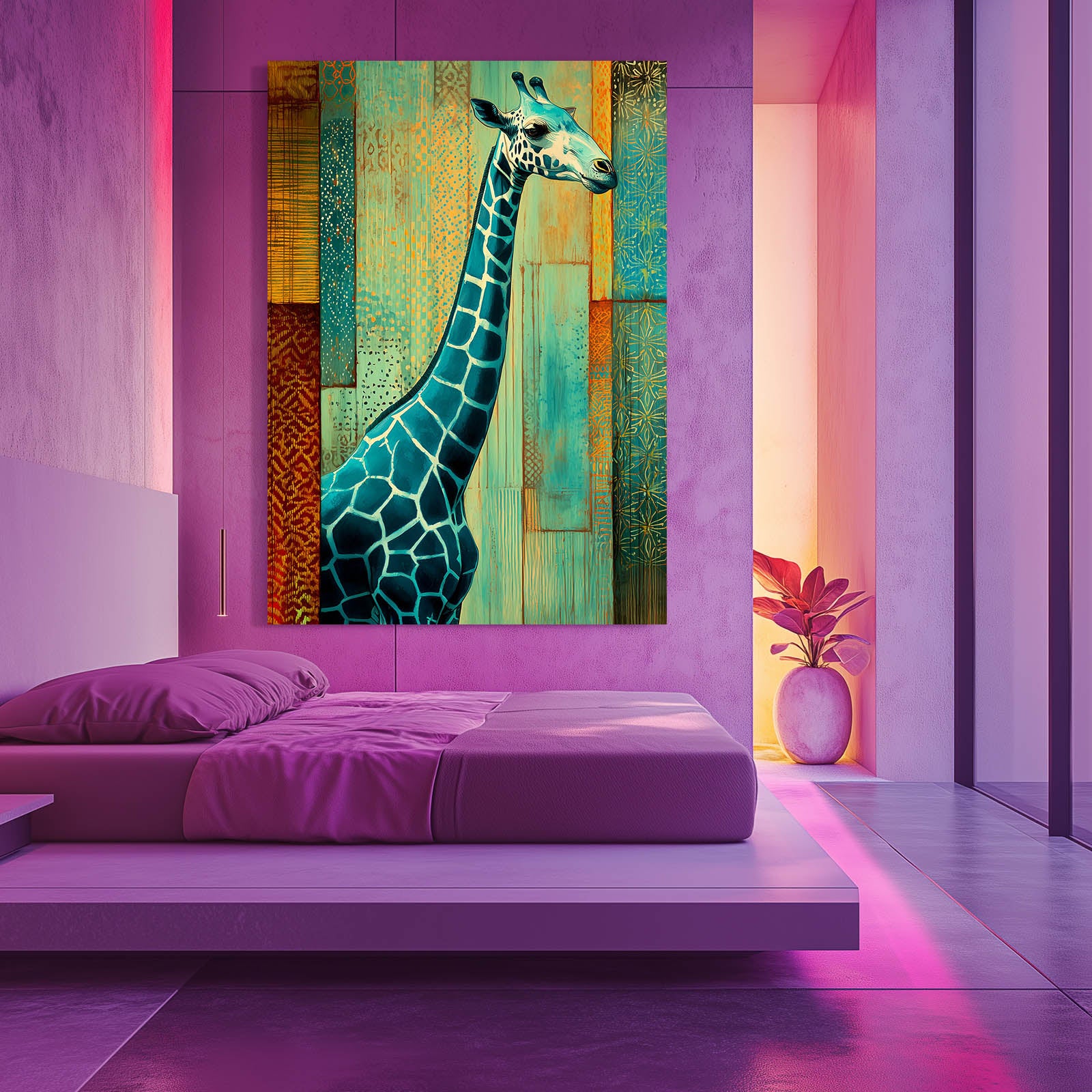 Modern bedroom with a purple bed and vibrant painting of a giraffe on the wall.