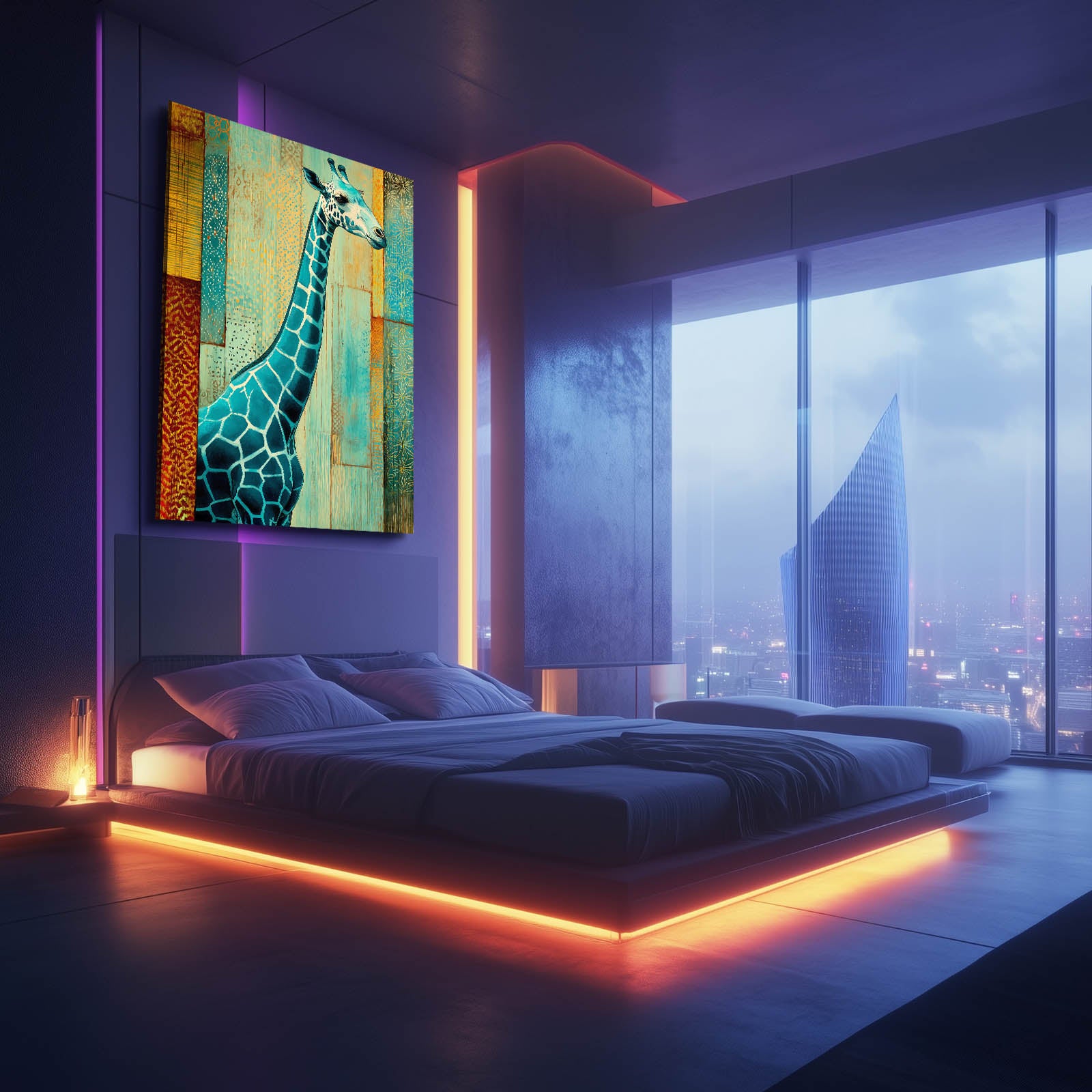 Modern bedroom with a large bed, cityscape view, and abstract giraffe painting.