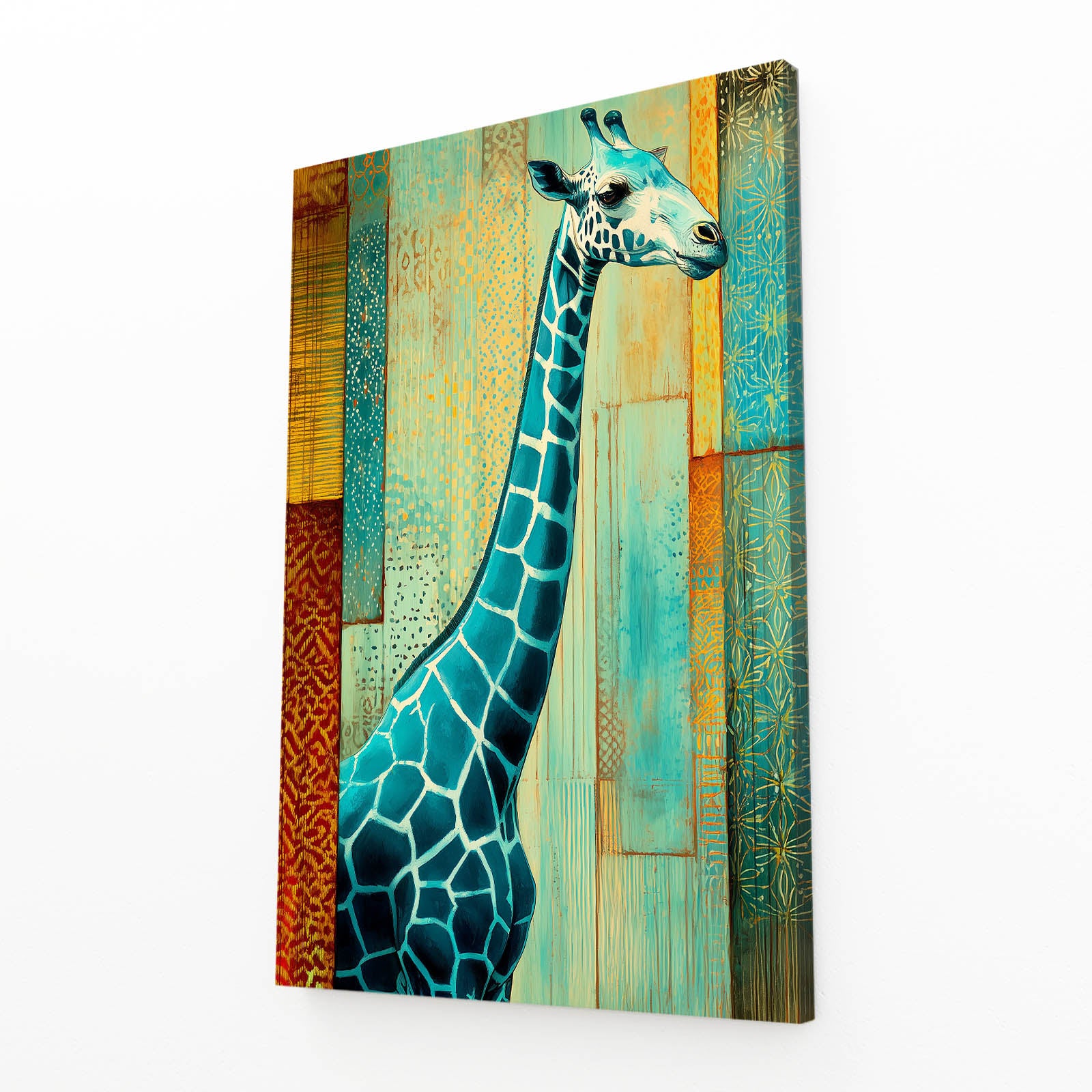 Canvas print of a stylized giraffe with abstract patterns on a white background