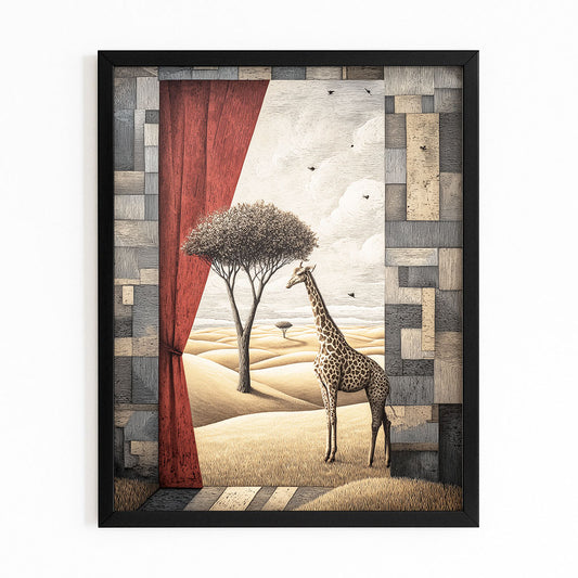 Framed artwork of a giraffe and tree with a red curtain on a textured background