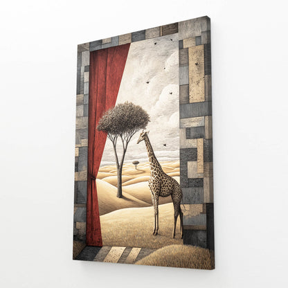 Framed artwork of a giraffe and tree on a textured wall.