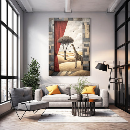 Modern living room with a giraffe painting on the wall