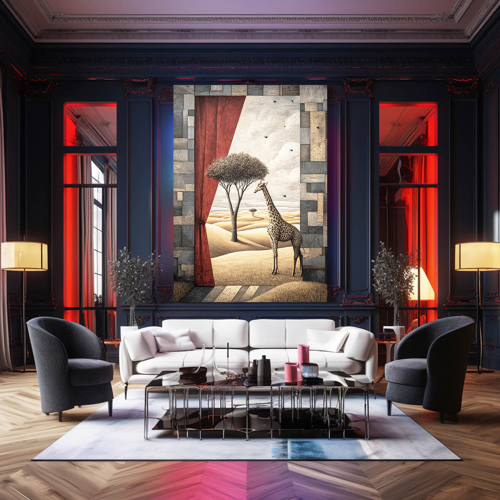 Modern living room with a large painting of a giraffe and tree on a wall.