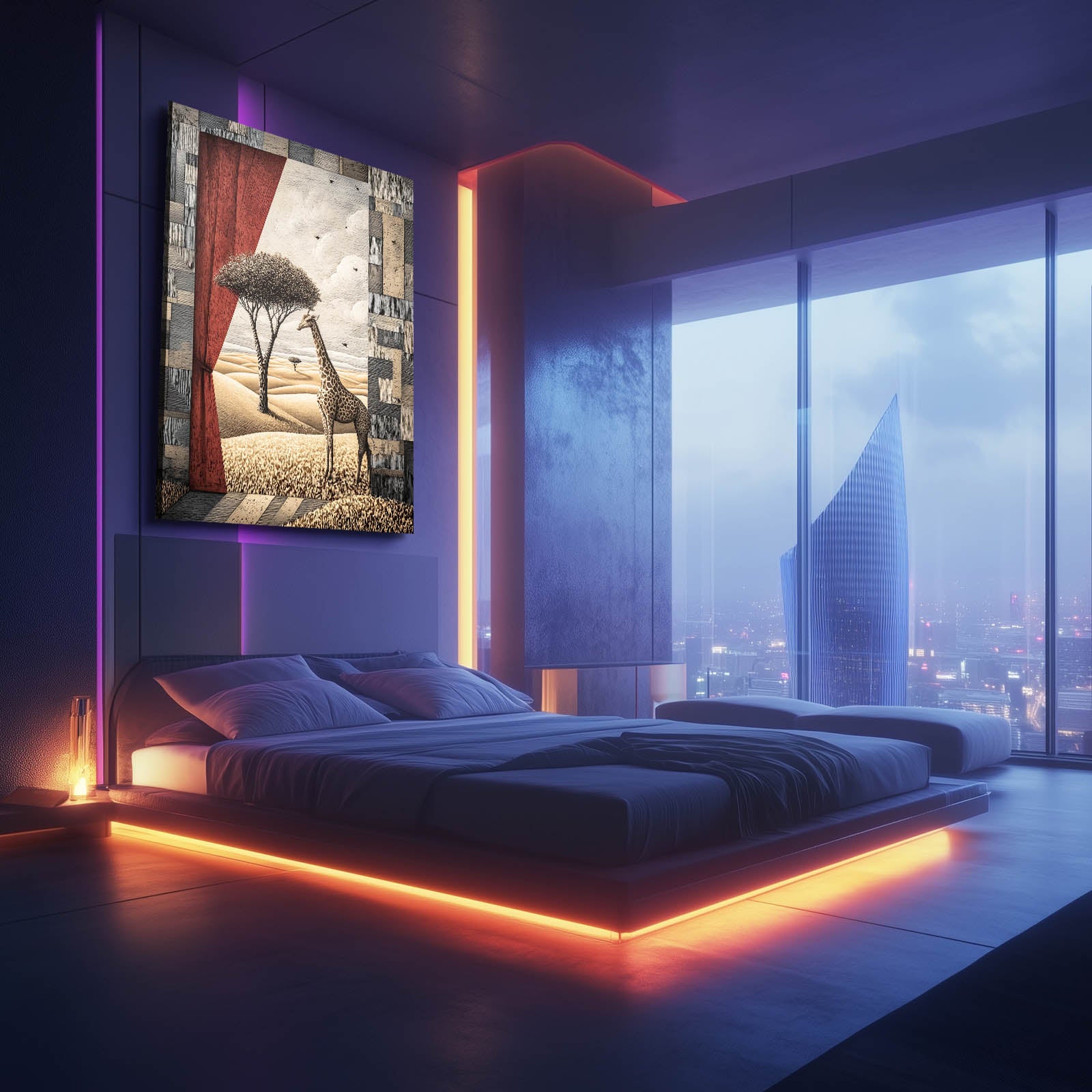 Modern bedroom with a large bed, cityscape view, and framed artwork.