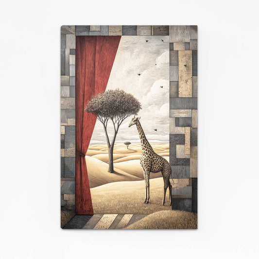 Framed artwork of a giraffe and tree in a desert landscape with a red curtain.