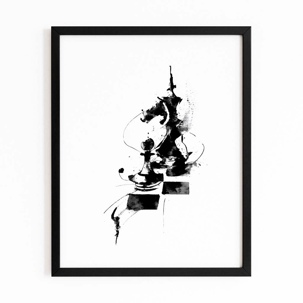 Abstract Ink Knight Chess Canvas – with Premium Black frame on white background