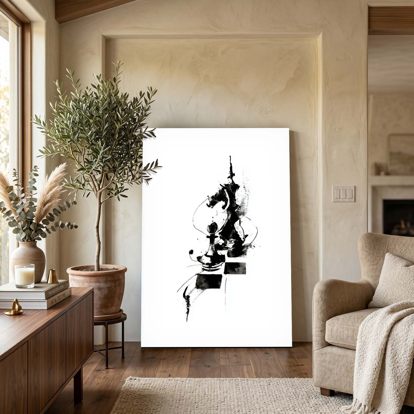 Abstract Ink Knight Chess Canvas – styled in a furnished interior