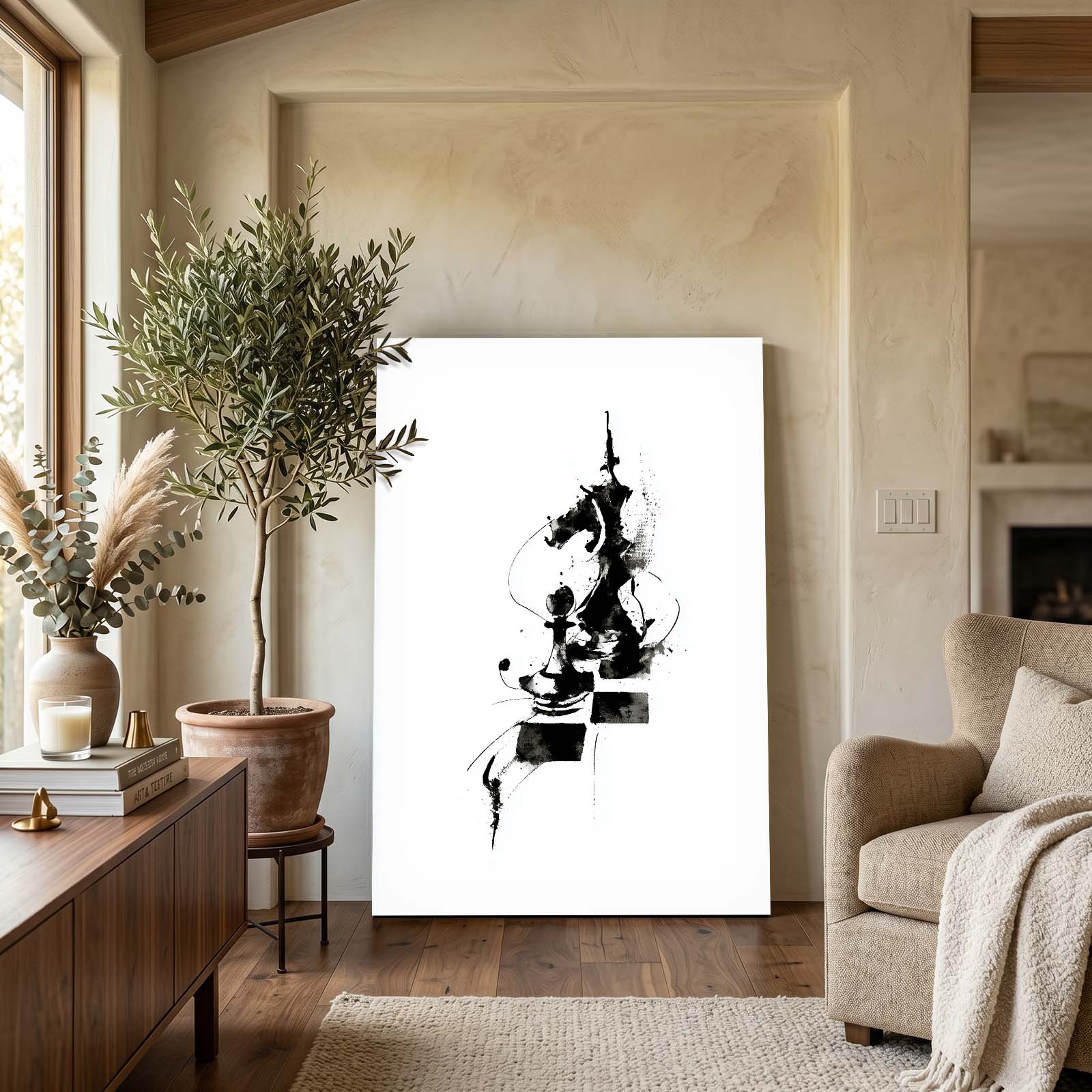 Abstract Ink Knight Chess Canvas – styled in a furnished interior