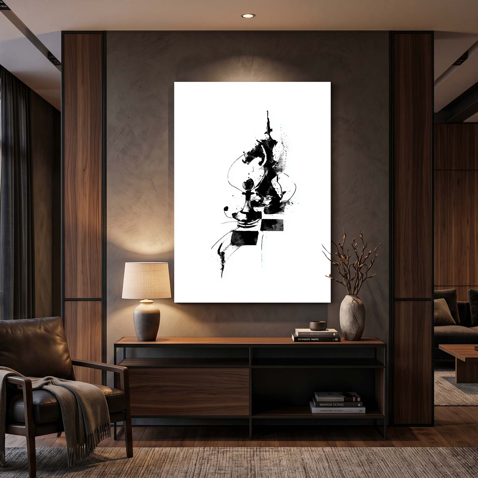 Abstract Ink Knight Chess Canvas – styled in a furnished interior
