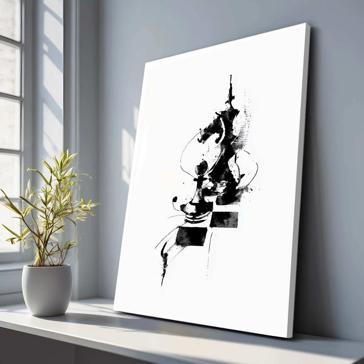 Abstract Ink Knight Chess Canvas – styled in a furnished interior