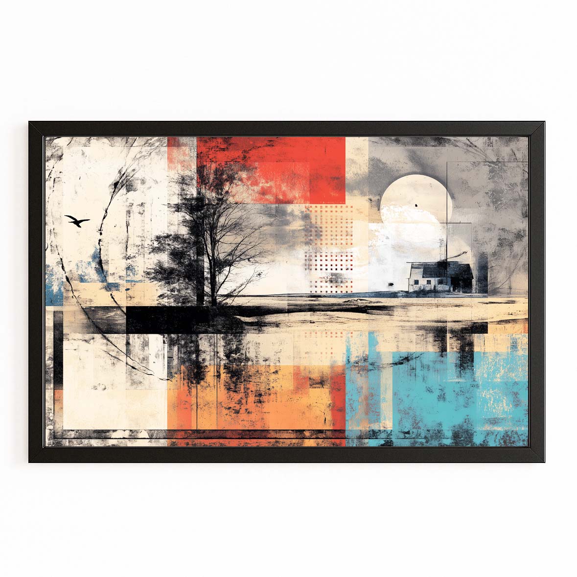 Abstract Lake Tree Farmhouse Wall Art – with Premium Black frame on white background
