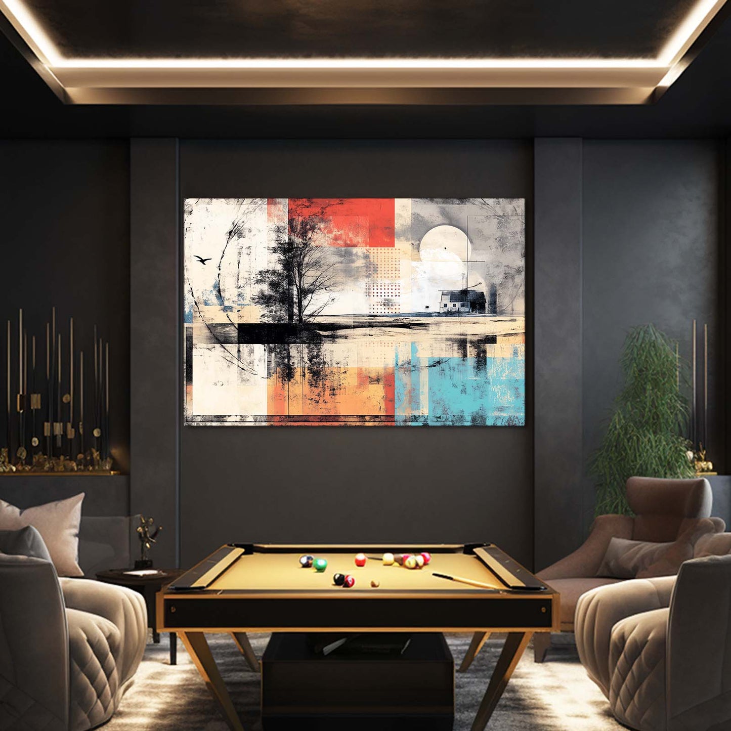 Abstract Lake Tree Farmhouse Wall Art – styled in a furnished interior