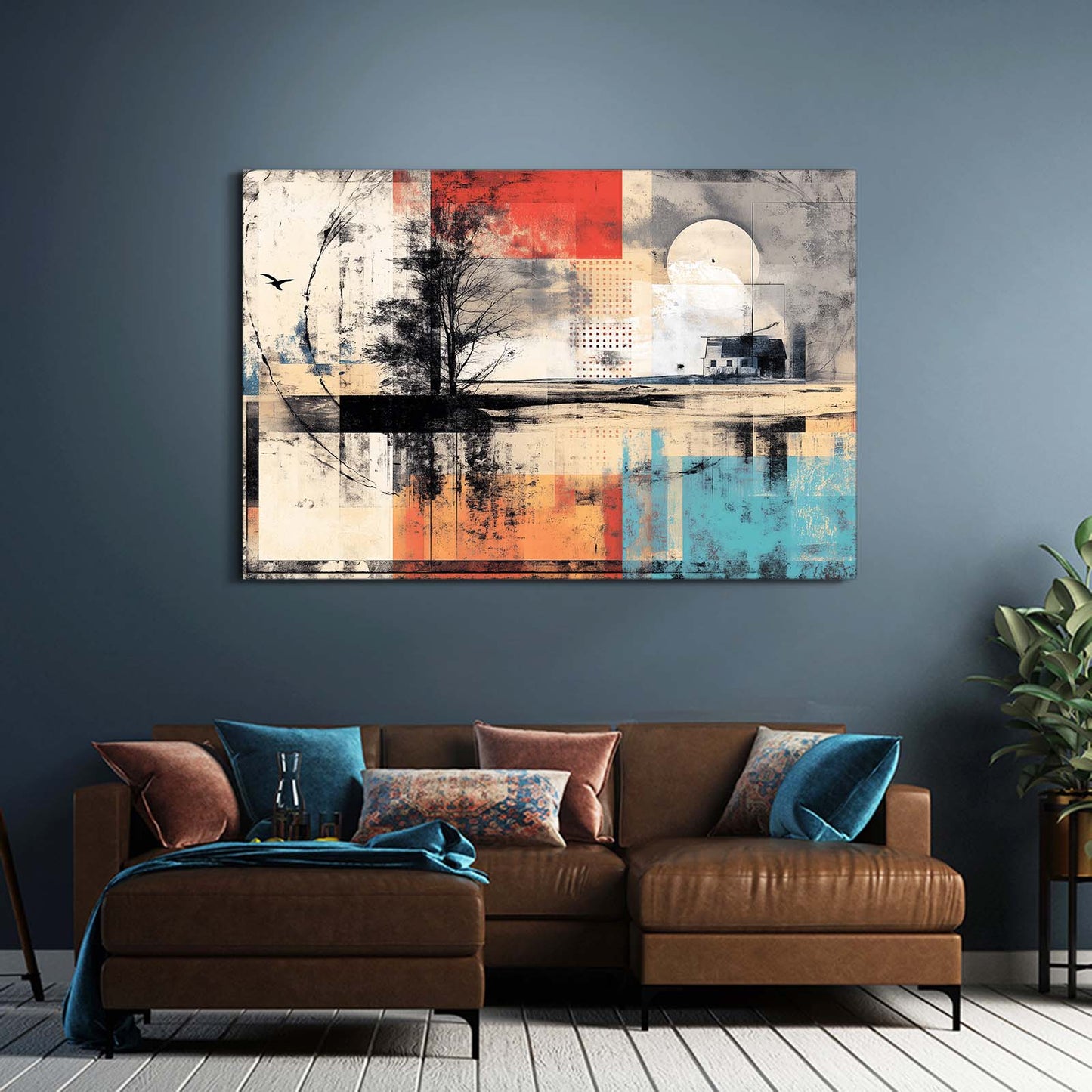 Abstract Lake Tree Farmhouse Wall Art – styled in a furnished interior
