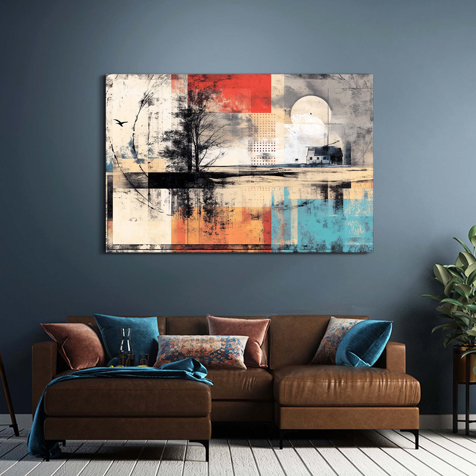 Abstract Lake Tree Farmhouse Wall Art – styled in a furnished interior