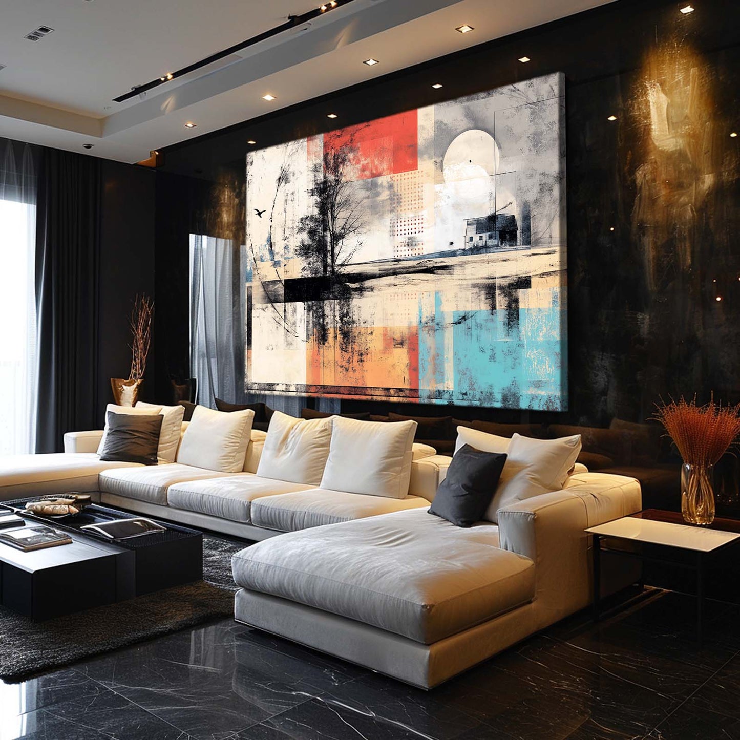Abstract Lake Tree Farmhouse Wall Art – styled in a furnished interior
