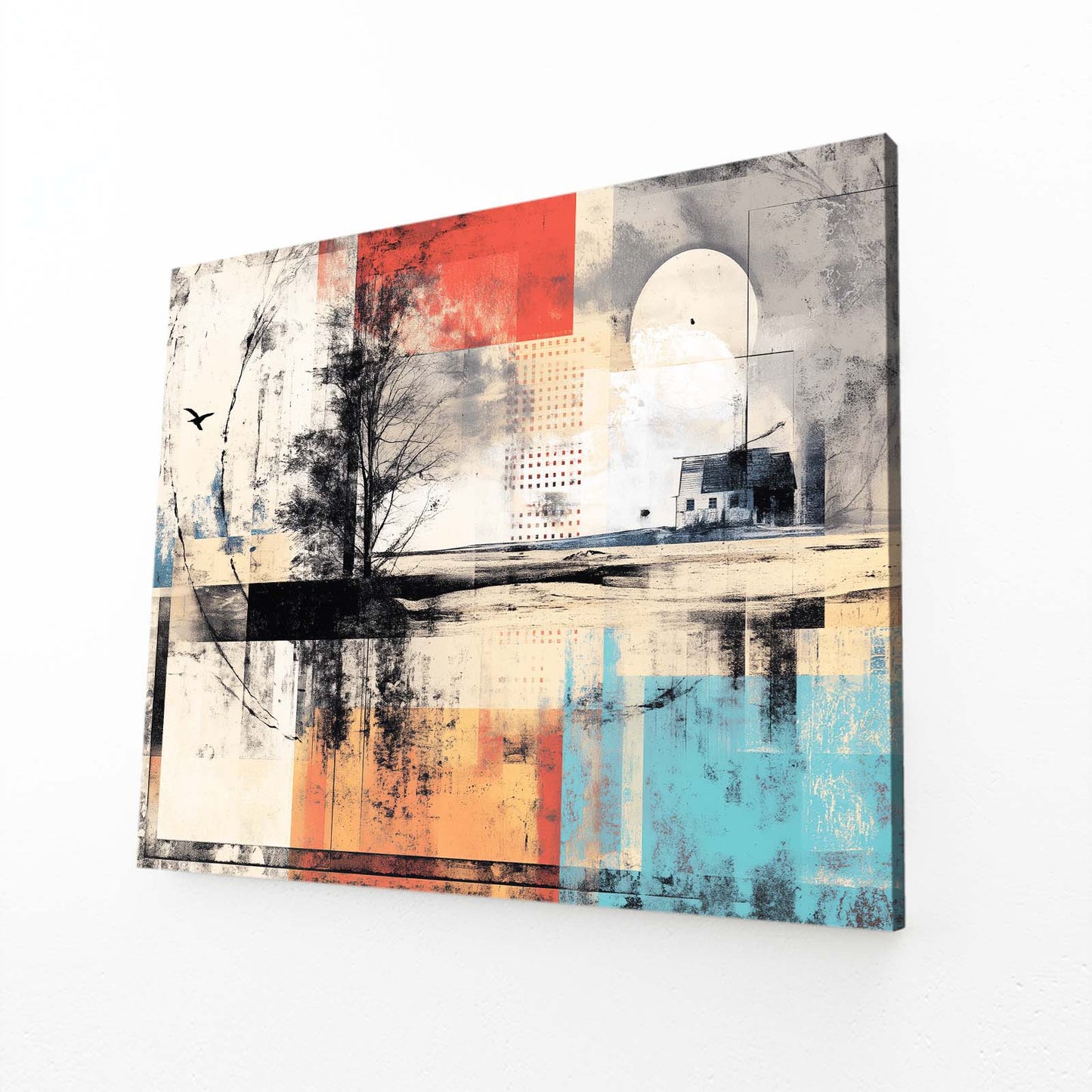 Abstract Lake Tree Farmhouse Wall Art – angled canvas view on white background