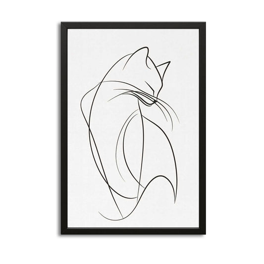 Abstract Line Cat Wall Art — black and white canvas print in white tones, with Premium Black frame on white background