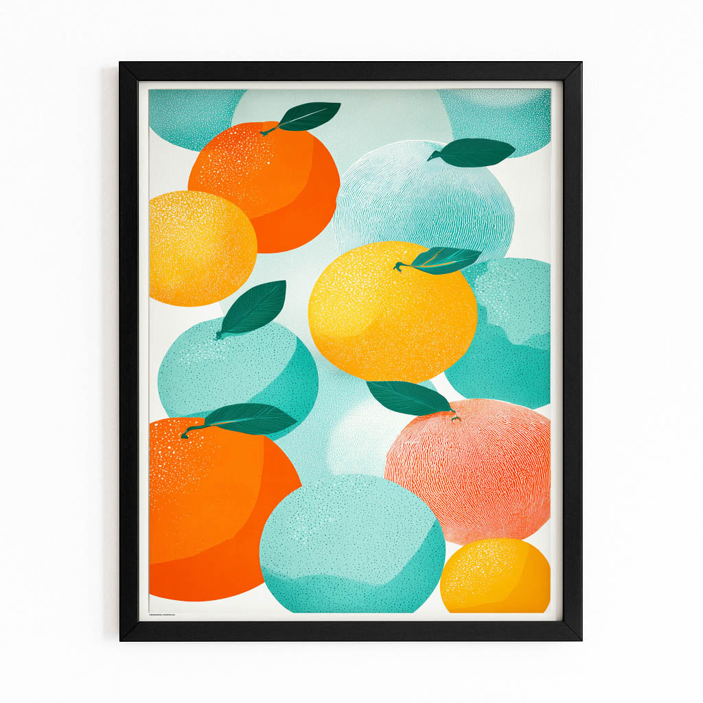 Abstract Orange Shapes Fruit Canvas Art – with Premium Black frame on white background