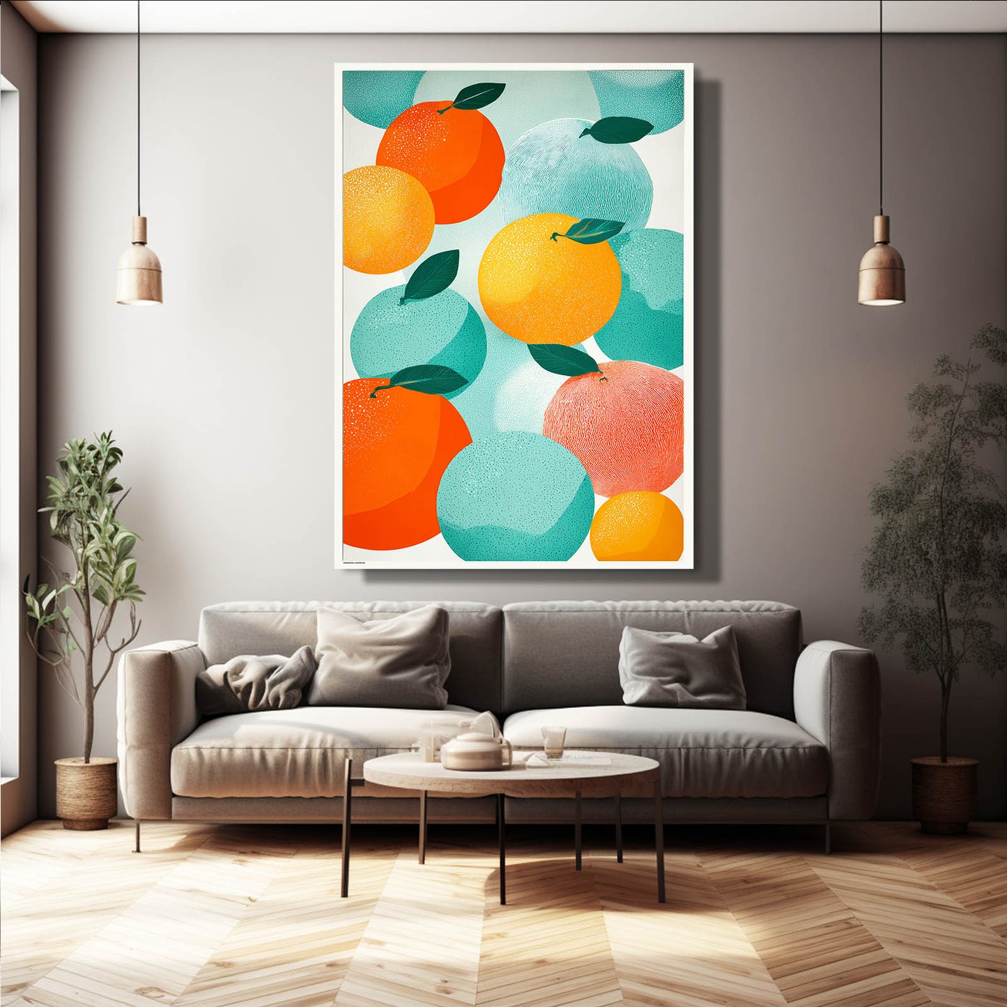 Abstract Orange Shapes Fruit Canvas Art – styled in a furnished interior