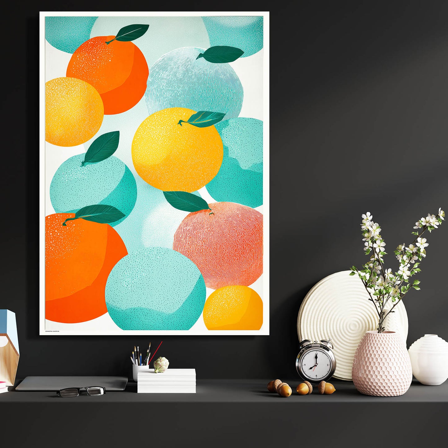 Abstract Orange Shapes Fruit Canvas Art – styled in a furnished interior