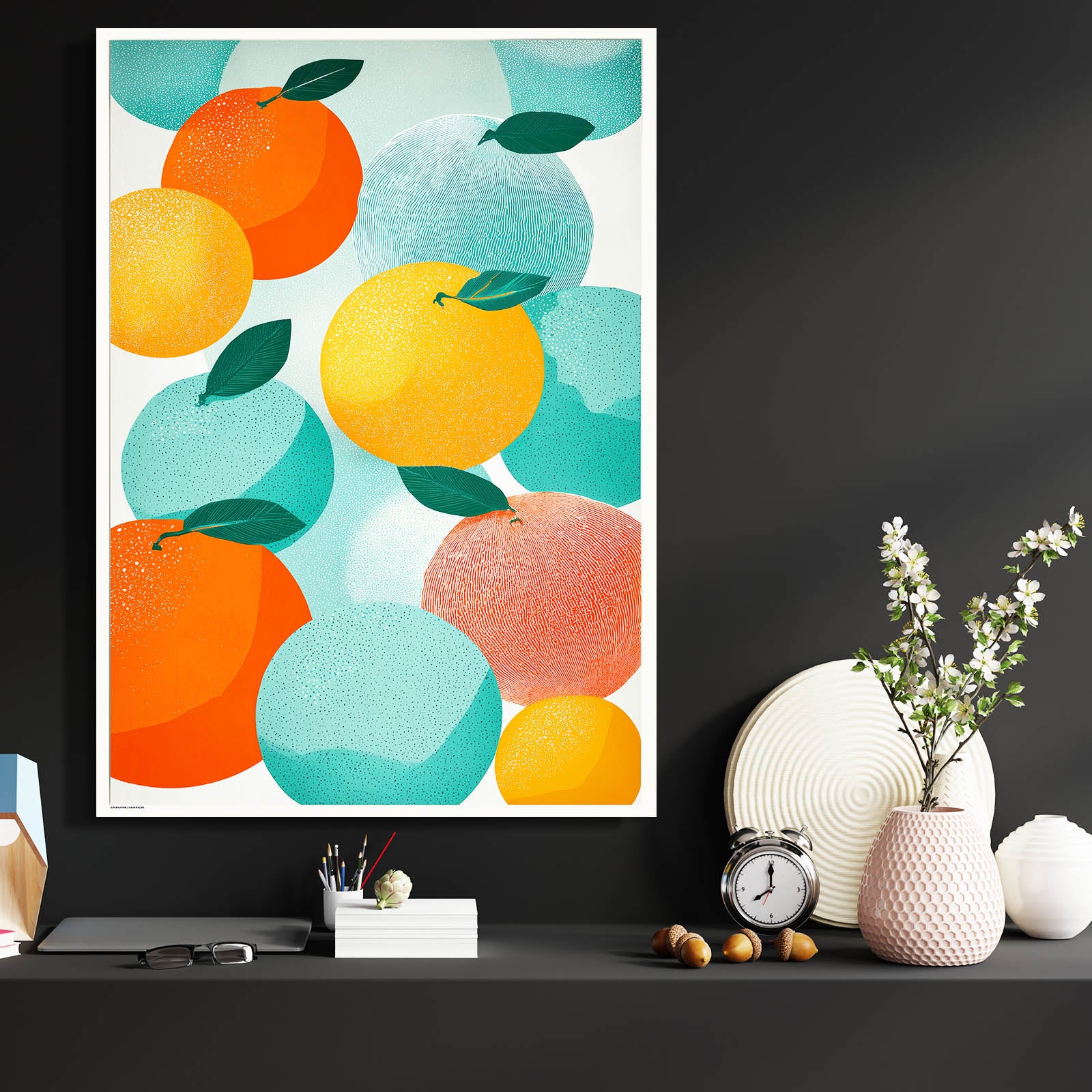 Abstract Orange Shapes Fruit Canvas Art – styled in a furnished interior