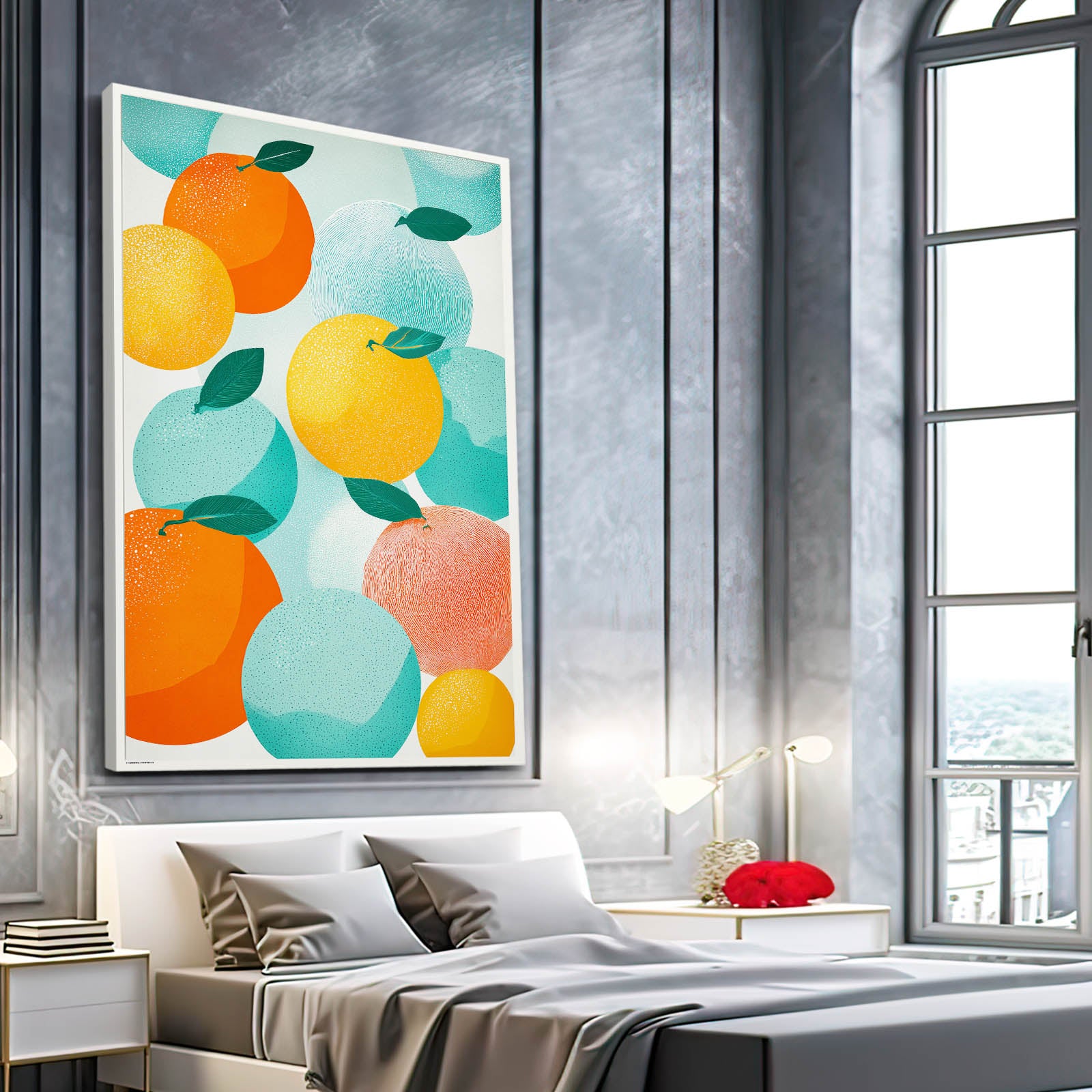 Abstract Orange Shapes Fruit Canvas Art – styled in a furnished interior