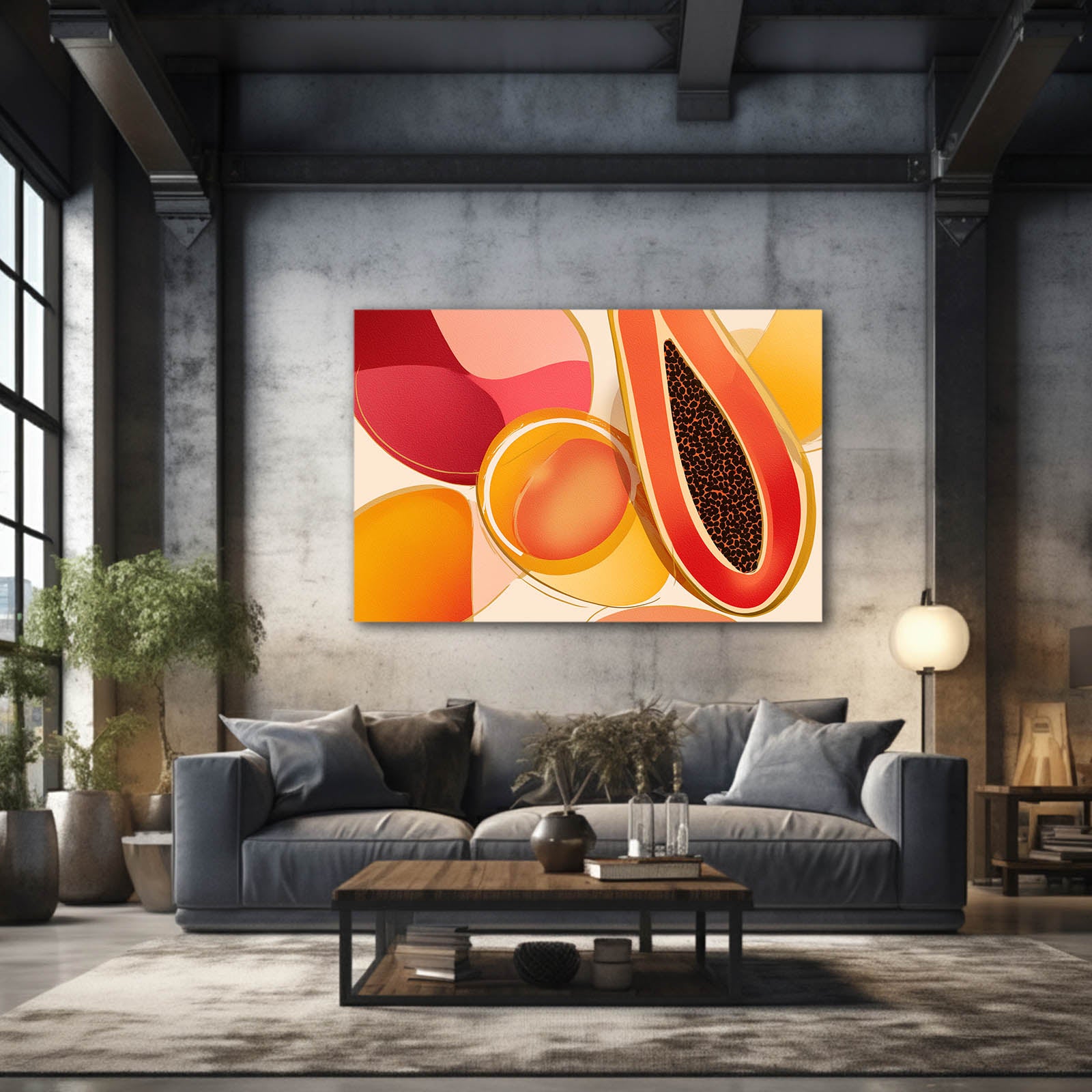 Abstract Papaya Slice Fruit Wall Art – styled in a furnished interior