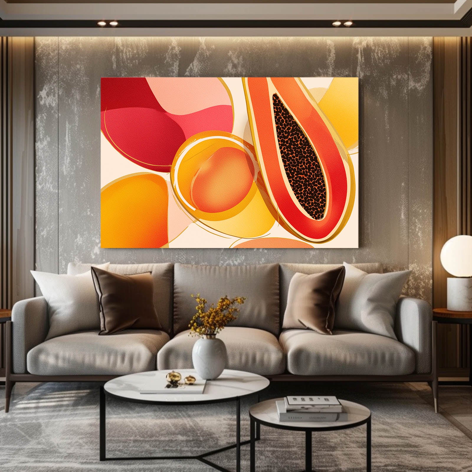 Abstract Papaya Slice Fruit Wall Art – styled in a furnished interior