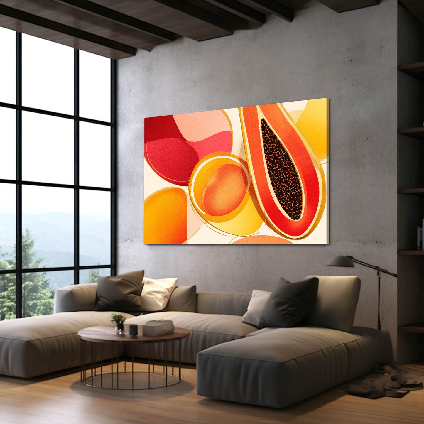 Abstract Papaya Slice Fruit Wall Art – styled in a furnished interior