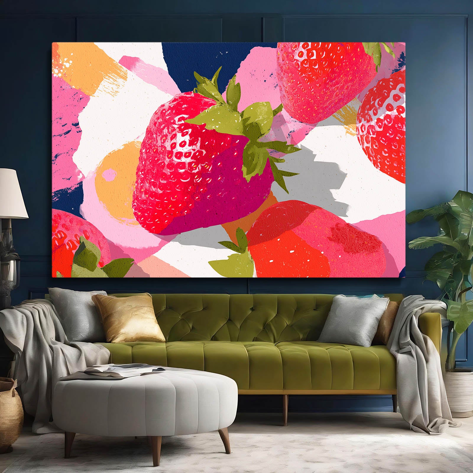 Abstract Strawberry Collage Fruit Prints – styled in a furnished interior