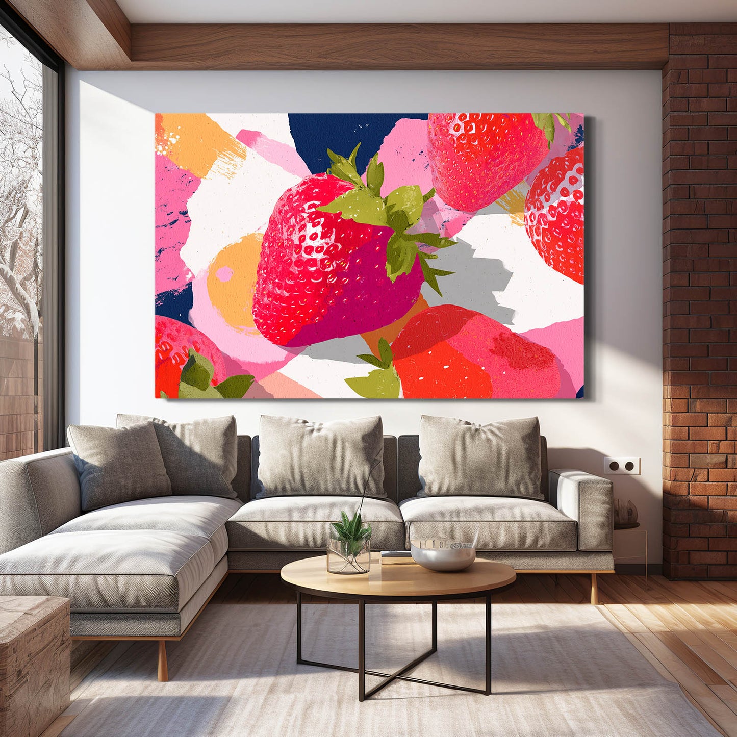 Abstract Strawberry Collage Fruit Prints – styled in a furnished interior