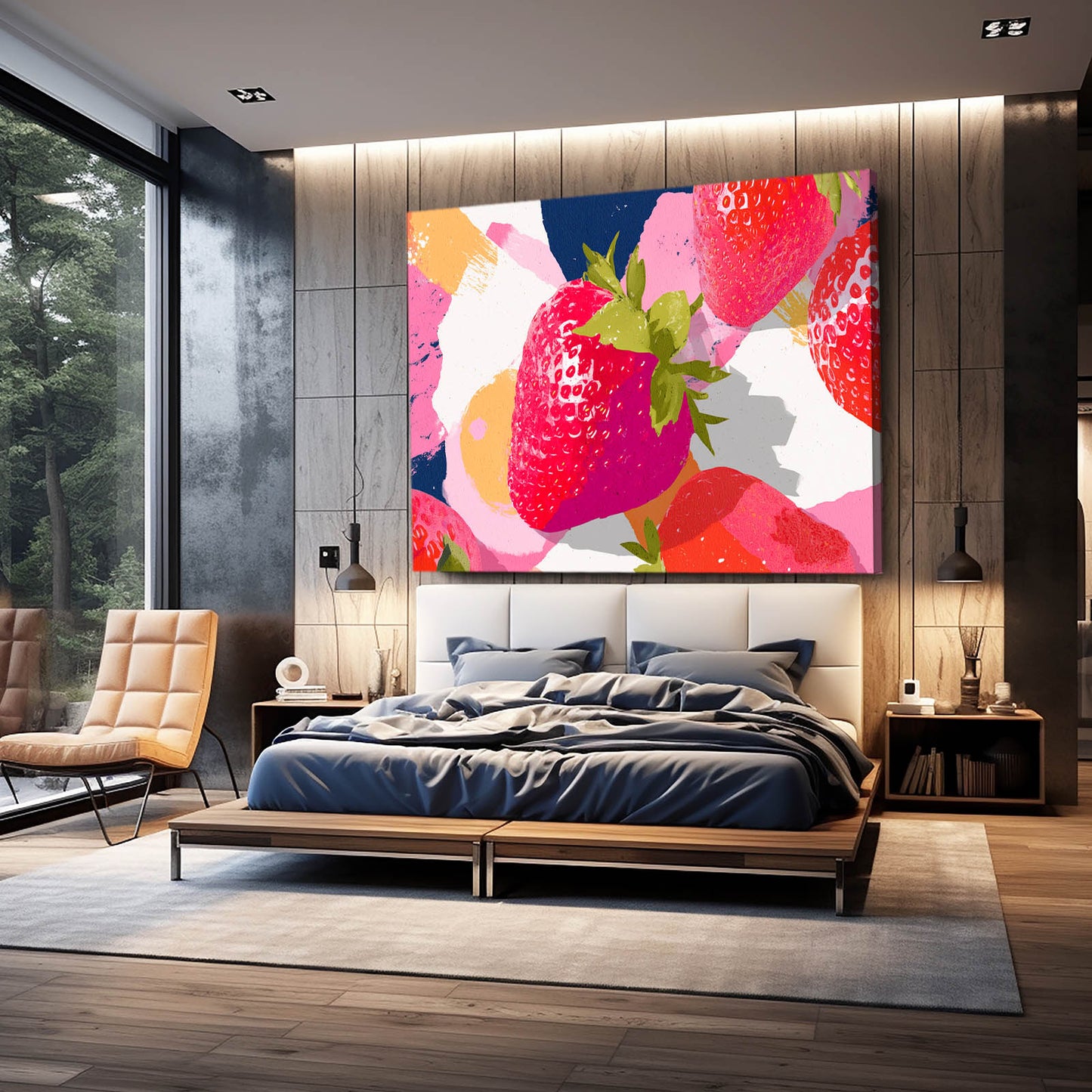 Abstract Strawberry Collage Fruit Prints – styled in a furnished interior