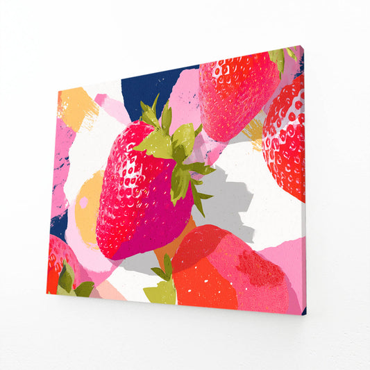 Abstract Strawberry Collage Fruit Prints – angled canvas view on white background