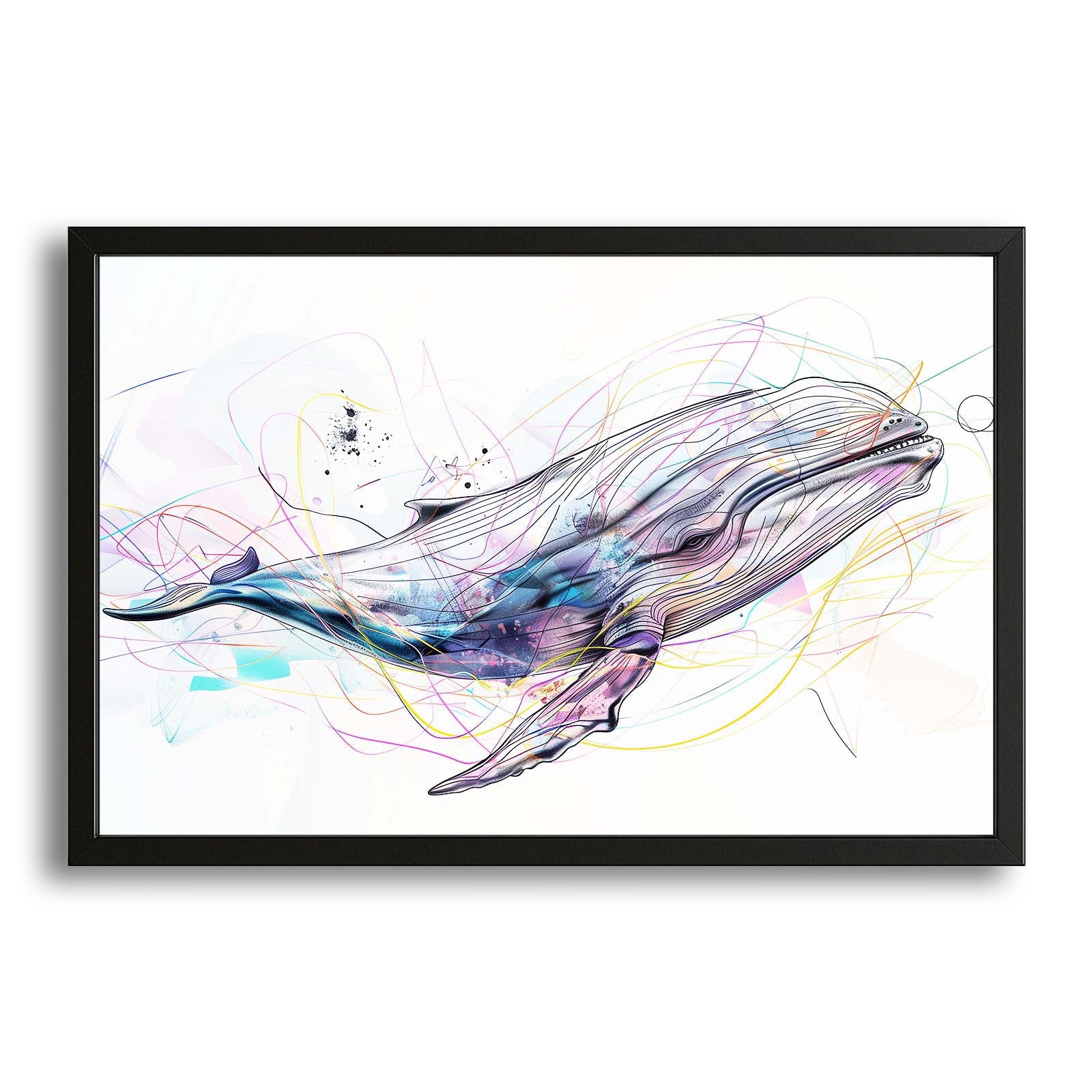 Abstract Whale Art — contemporary canvas print in white tones, with Premium Black frame on white background
