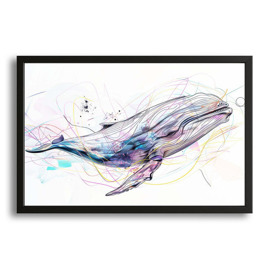 Abstract Whale Art — contemporary canvas print in white tones, with Premium Black frame on white background