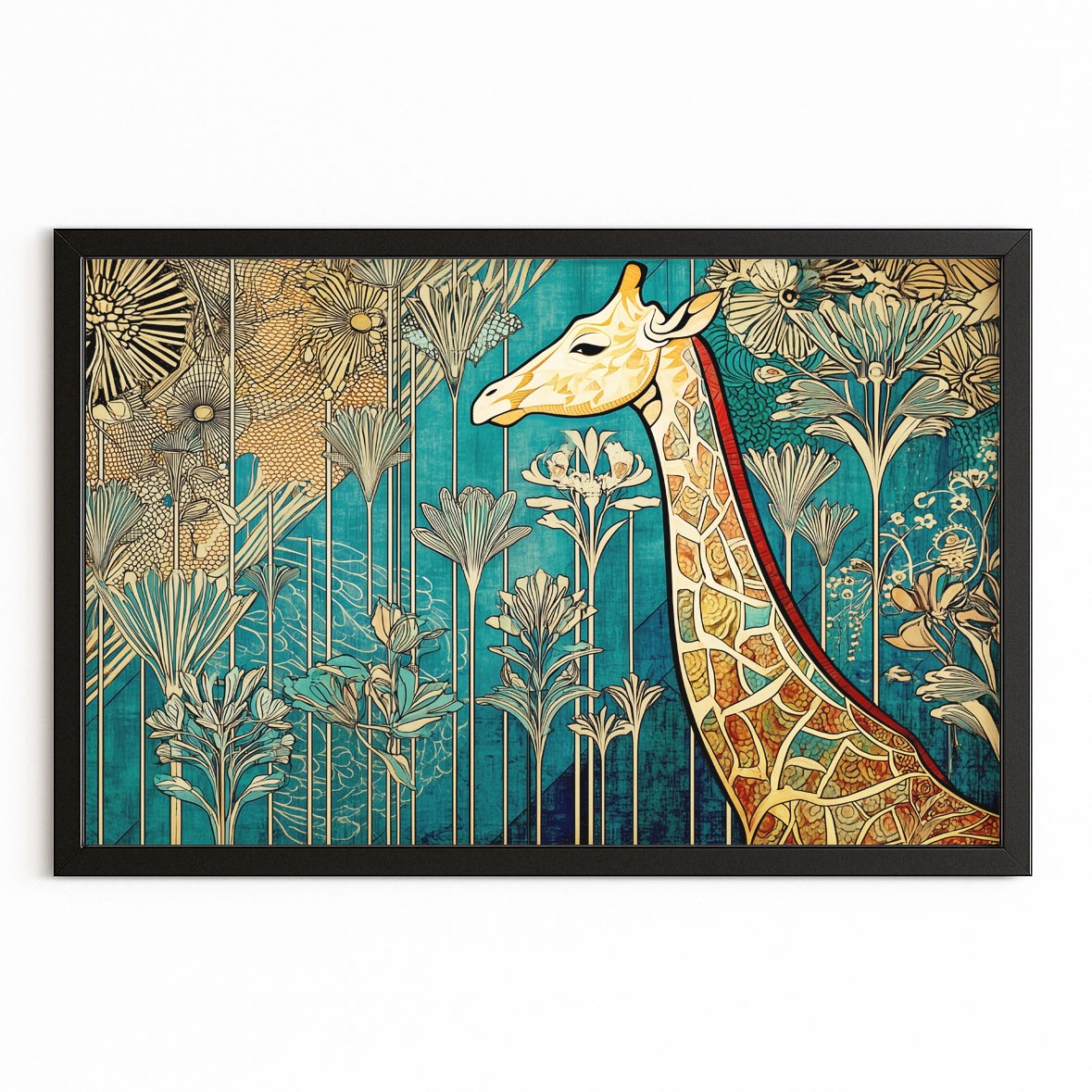 Decorative wall art with a giraffe and floral design on a blue background