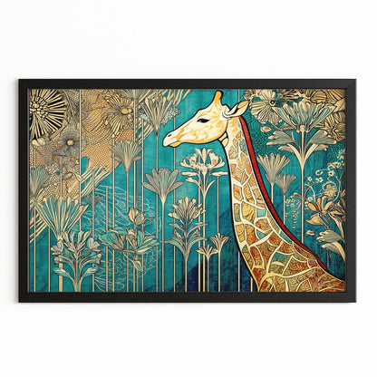 Decorative wall art with a giraffe and floral design on a blue background