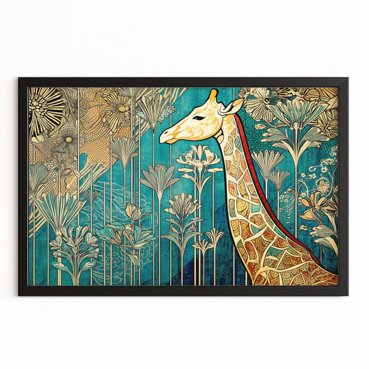 Decorative wall art with a giraffe and floral design on a blue background