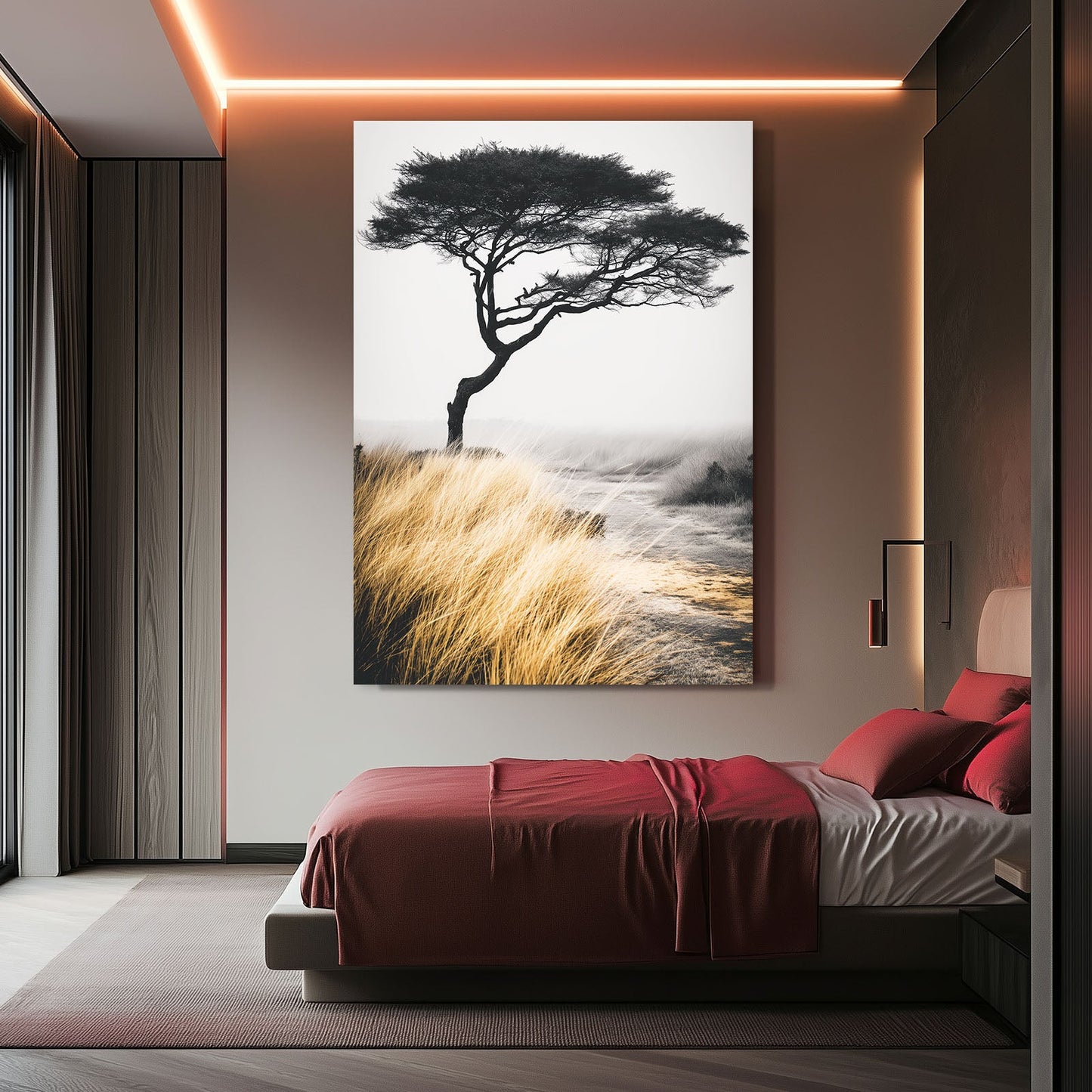 Acacia Grass Tree Photography Print – in a bedroom with deep red bedding